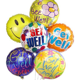 Cluster of colorful round foil balloons with smiley face and get well messages