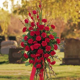 Standing spray of red carnations with ribbon on an easel in a cemetery setting