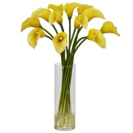 Yellow calla lilies arranged in a clear glass vase