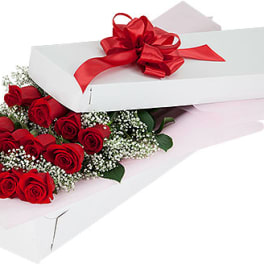 Red roses in a white gift box with a red ribbon