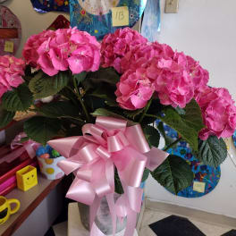 Pink hydrangea bouquet in a metal vase with a pink ribbon
