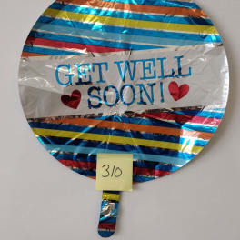 Round foil balloon with "Get Well Soon!" text and hearts