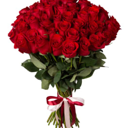Large bouquet of red roses tied with a red and white ribbon