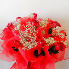 Red roses with baby's breath in a red wrapped bouquet