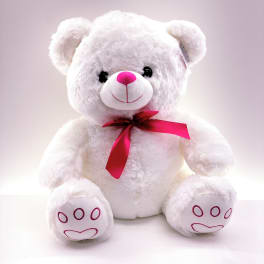 White teddy bear with a pink ribbon and pink nose