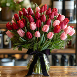 Bouquet of red and pink tulips in a glass vase with a black ribbon