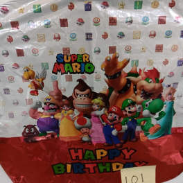 Super Mario birthday balloon with characters and colorful text
