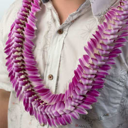 Purple and white orchid petal lei draped around a person’s neck