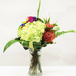 Modern bouquet of green hydrangeas, rainbow roses, and orange protea in a clear glass vase.