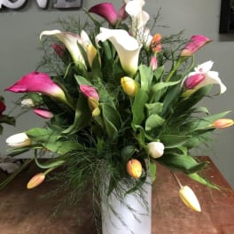 Bouquet of pink, white, and yellow calla lilies in a white vase