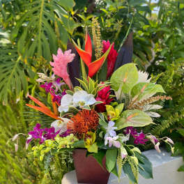 Tropical flower arrangement in a square vase with orchids and anthuriums