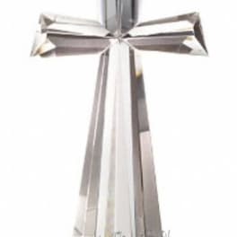Silver cross-shaped decorative object with a long hanging ribbon