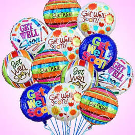 Cluster of colorful "Get Well Soon" balloons on strings