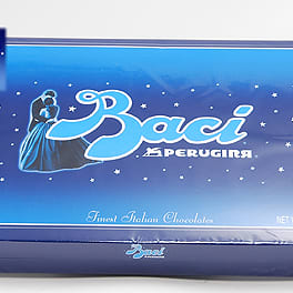 Box of Baci Perugina chocolates on a white background