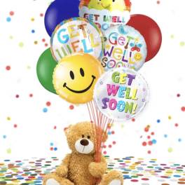 Teddy bear holding colorful get-well balloons