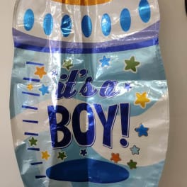Blue and gold foil balloon reading "it's a BOY!"