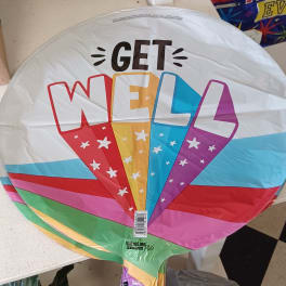 Round foil balloon with colorful "GET WELL" text