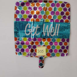 Colorful polka-dot foil balloon with "Get Well" text