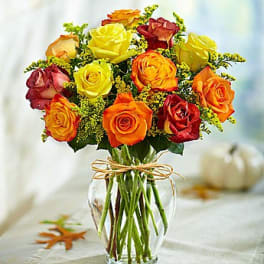 Bouquet of multicolored roses in a clear glass vase