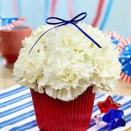 White carnations in a red container with a blue ribbon bow