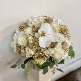 White and gold floral bouquet with a large white orchid