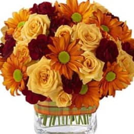 Bouquet of orange daisies and cream roses in a glass vase