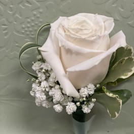 White rose boutonniere with baby's breath and variegated leaves