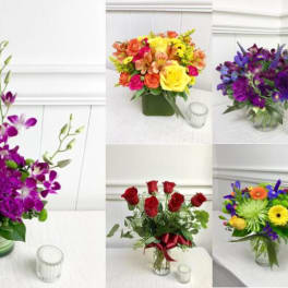 Collage of colorful floral arrangements in vases and a box.