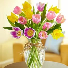 Colorful tulips arranged in a clear glass vase with a ribbon bow