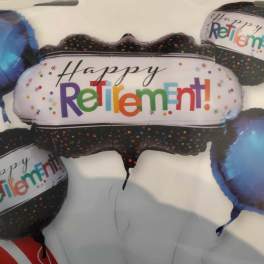 Cluster of retirement-themed foil balloons in black and blue