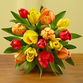 Bouquet of red, yellow, and orange tulips