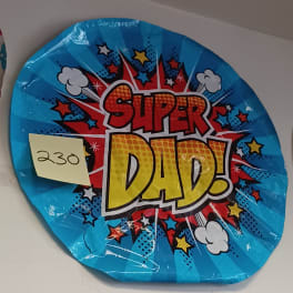 Round blue balloon with "Super Dad!" text and comic-style stars