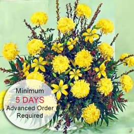 Yellow marigold arrangement with smaller yellow blooms in a low white container on a pale green background