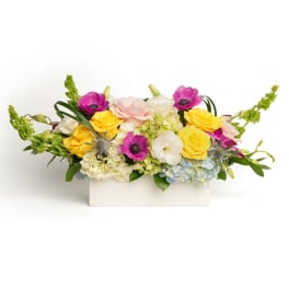 Low rectangular arrangement of yellow roses, pink anemones and mixed blooms in a white vase