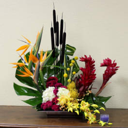 Tropical arrangement with red and orange flowers in a low rectangular vase
