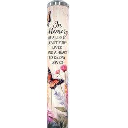 Memorial candle with butterflies and floral artwork