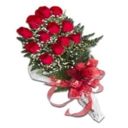Bouquet of red roses with baby's breath and a red ribbon