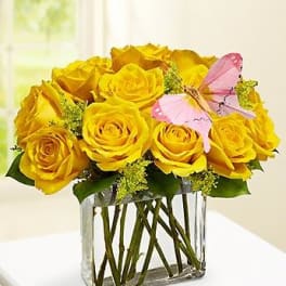 Yellow roses in a clear square vase with a pink butterfly accent