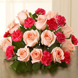 Bouquet of pale pink roses and bright pink carnations