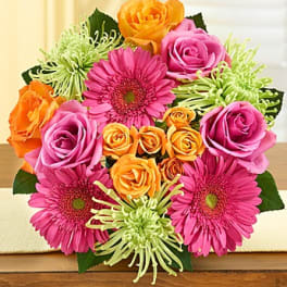 Bouquet of pink and orange roses with magenta daisies