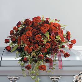 Red rose casket spray with trailing greenery and ribbon
