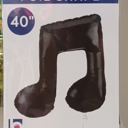 Package of a black musical note foil balloon, 40 inches.