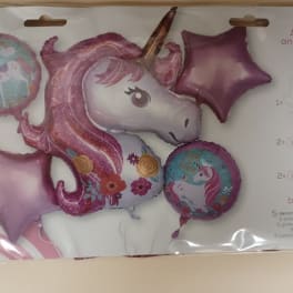 Package of unicorn-themed pink and purple balloons