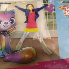 Rainbow unicorn cat balloon kit with a girl and purple balloon