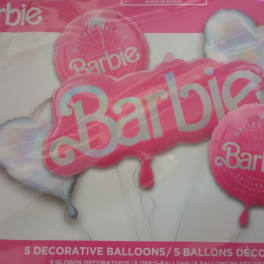 Barbie-themed decorative balloons in pink and white