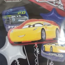 Disney Cars-themed foil balloons with a yellow race car centerpiece