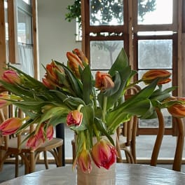 Bouquet of pink and orange tulips in a beige vase