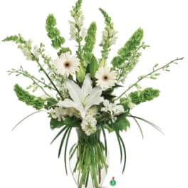 Tall white lily and gerbera arrangement with green Bells of Ireland in a clear glass vase