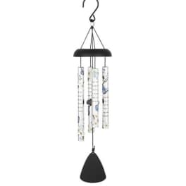 Hanging wind chime with floral-patterned tubes and a black clapper