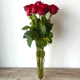 Tall vase of red roses with green foliage